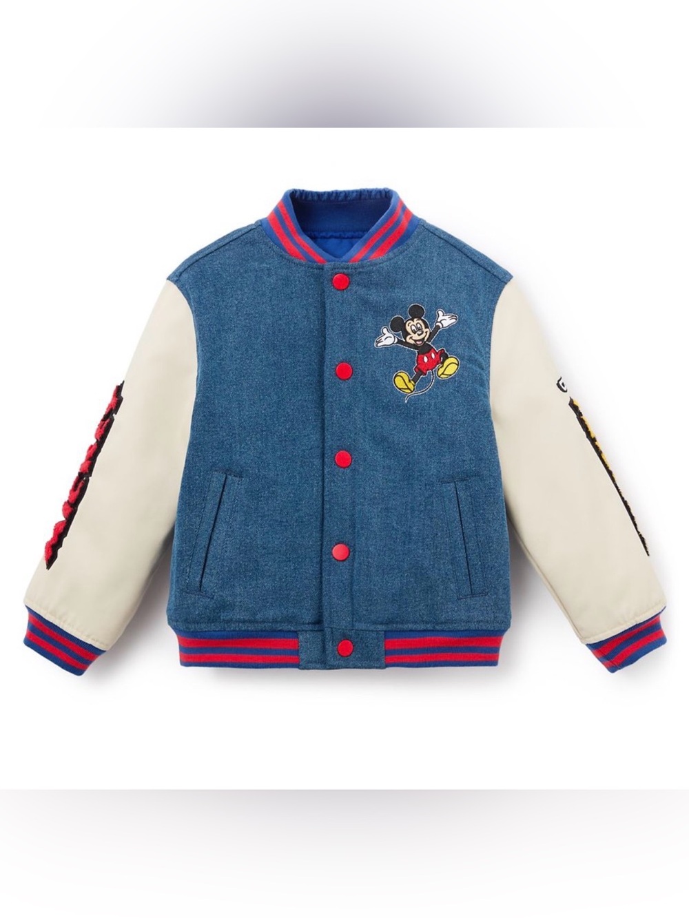 Disney Denim Blue and Cream Mickey Letterman Jacket with Red Trim